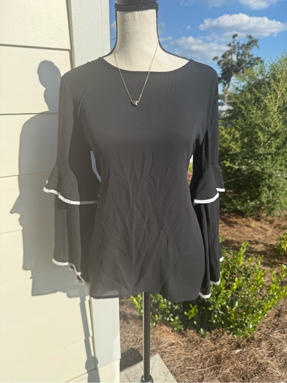 LOFT Black Bell Sleeve Top with White Trim